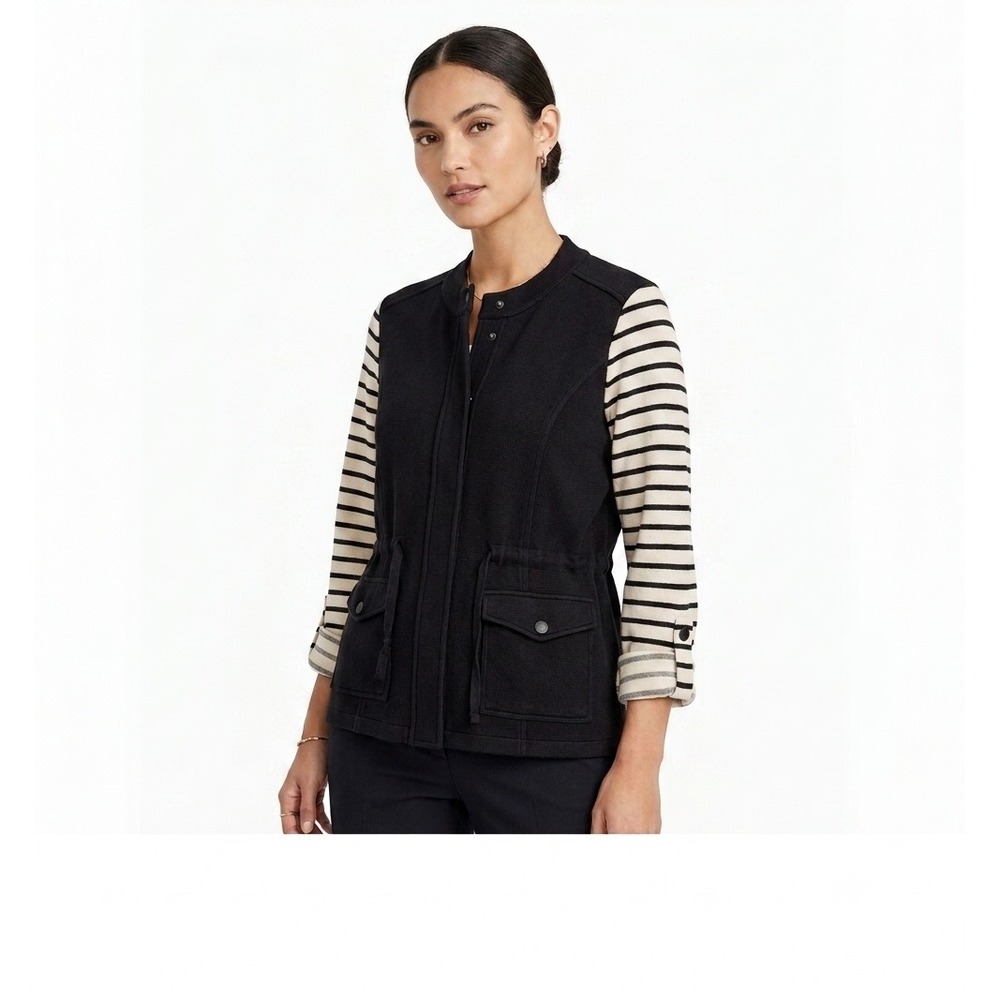 Skies Are Blue Jacket Black Striped Mixed Media Cinch Waist Utility - Medium